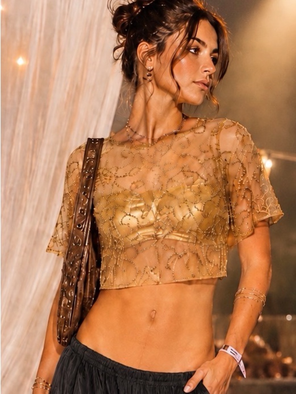 VTG Y2K Gold Sequin Crop Top Sheer Party Fairy Grunge Coquette Festival Blouse